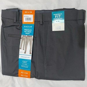 Haggar Men’s Premium Non Iron stretch perfect fit waistband Pant, Gray, 42 x 34